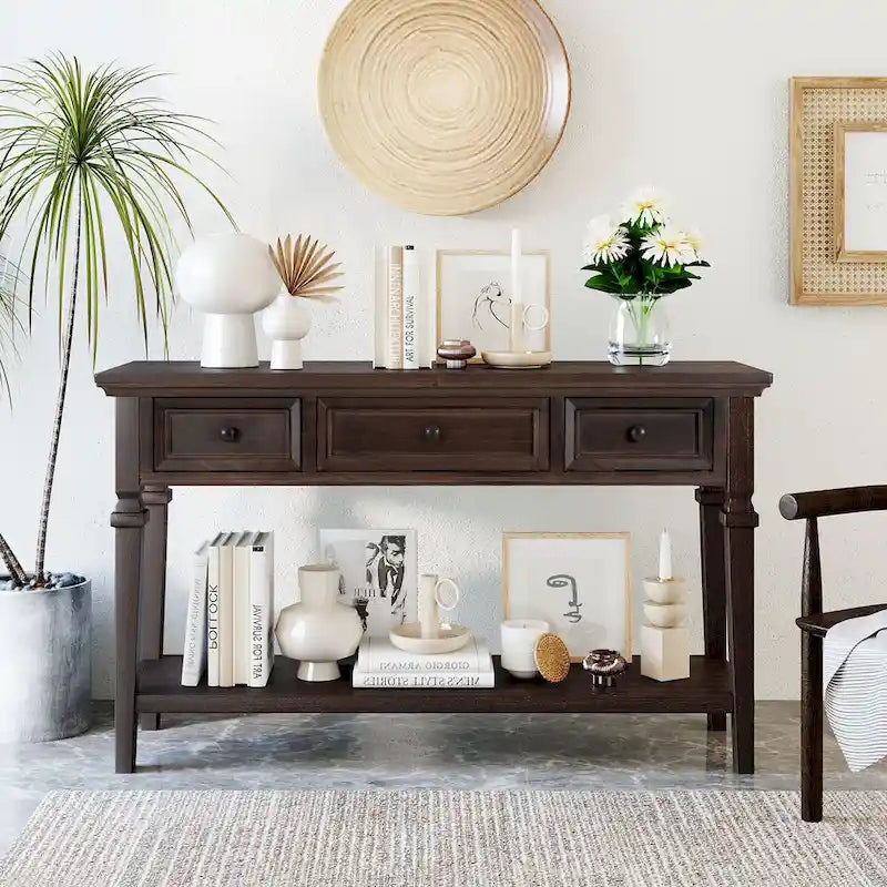 Retro Console Table with 3 Drawers and Bottom Shelf