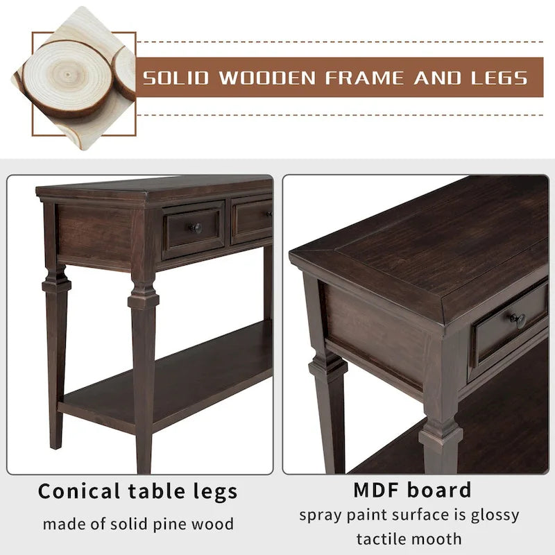 Retro Console Table with 3 Drawers and Bottom Shelf
