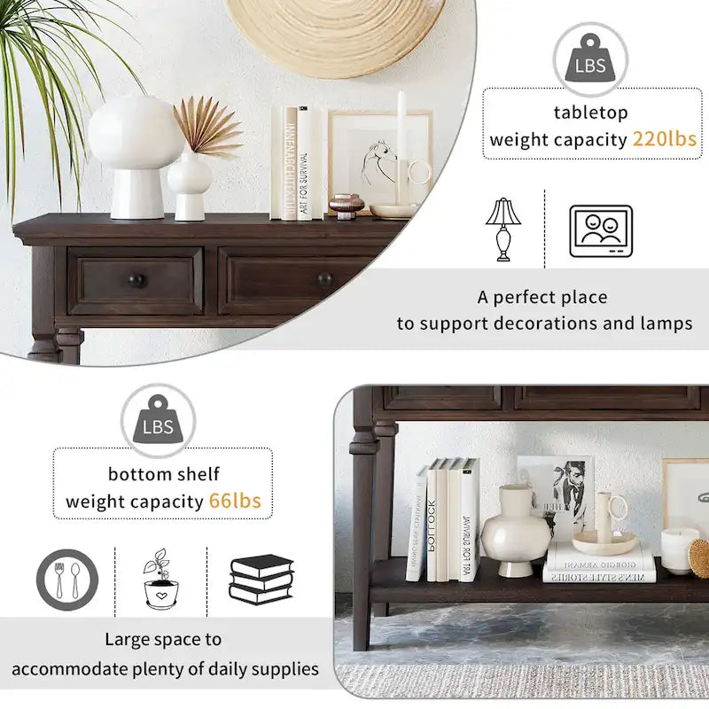 Retro Console Table with 3 Drawers and Bottom Shelf