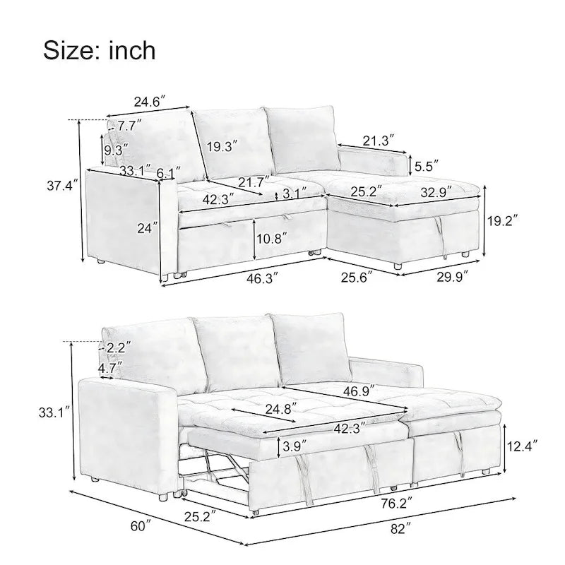 Soft Upholstered Sectional Sofa Bed with Storage Space, Suitable for Living Rooms and Apartments