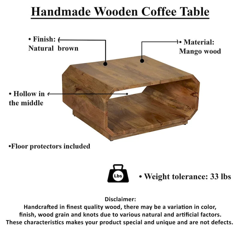 30 Inch Coffee Table, Handcrafted Hollow Cube Shape, Natural Brown Mango Wood