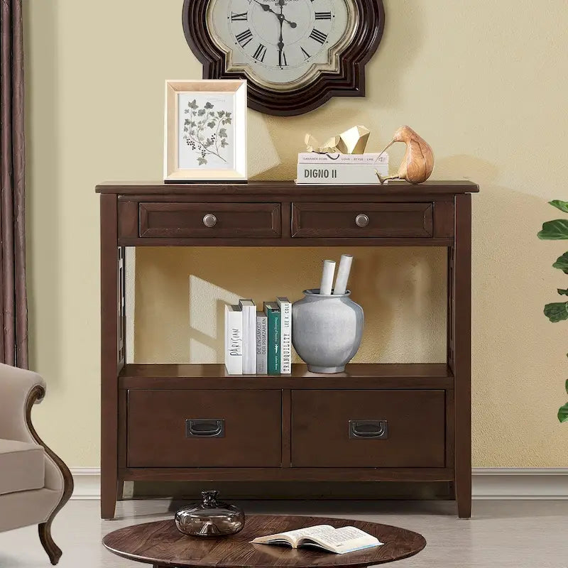 Wood Console Table Entry Sofa Table with 4 Drawers & 1 Storage Shelf for Entryway Living Room Bedroom