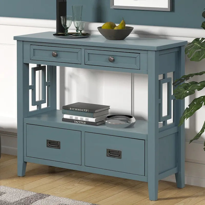 Wood Console Table Entry Sofa Table with 4 Drawers & 1 Storage Shelf for Entryway Living Room Bedroom