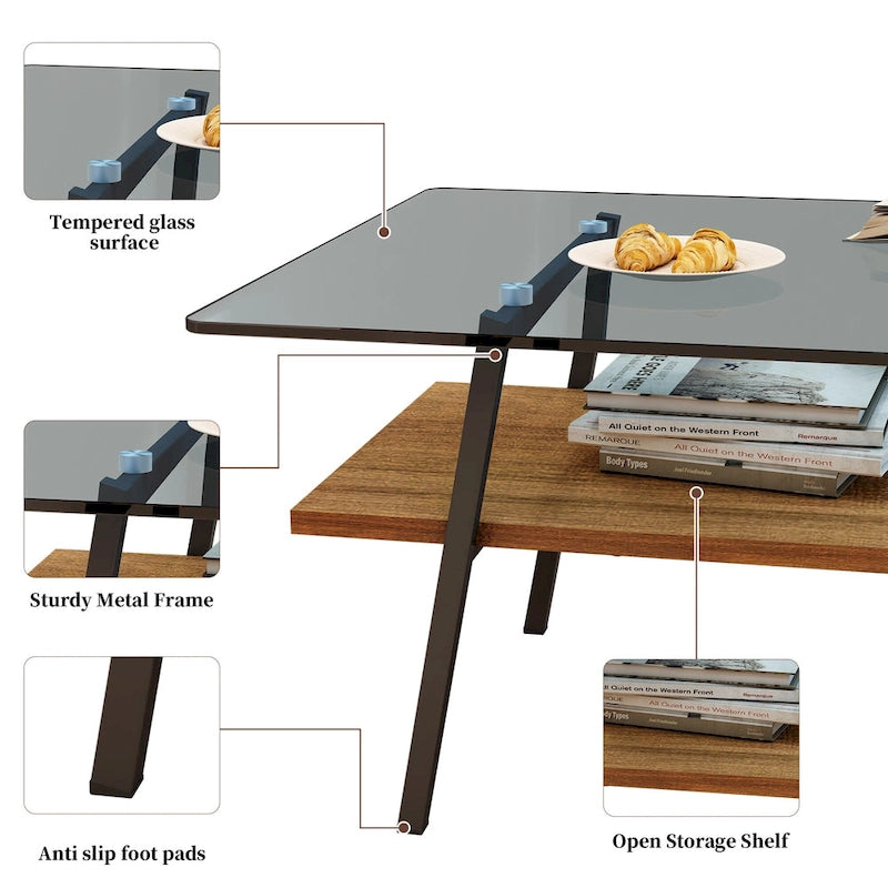 Rectangle Coffee Table,Tempered Glass Tabletop with Metal Legs,Modern Table for Living Room,Glass