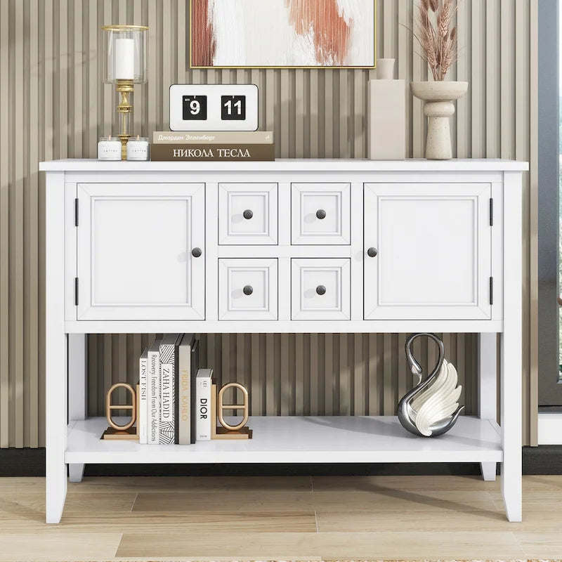 Ample Storage Vintage Console Table with Four Small Drawers and Bottom Shelf for Living Rooms, Entrances and Kitchens