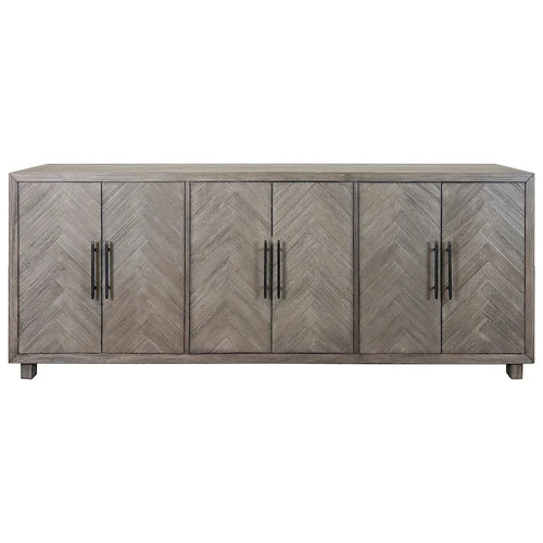 90 Six Door TV Console, Entertainment Stand, Wood Accent Cabinet, Fully Assembled, Gray - 90W x 32H x 16D