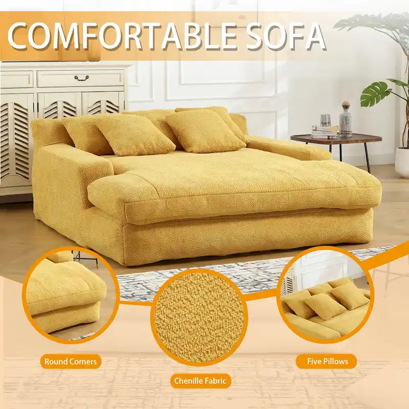 Chenille Upholstered 2-seater Deep Seat lazy sofa bed With 5 back pillows