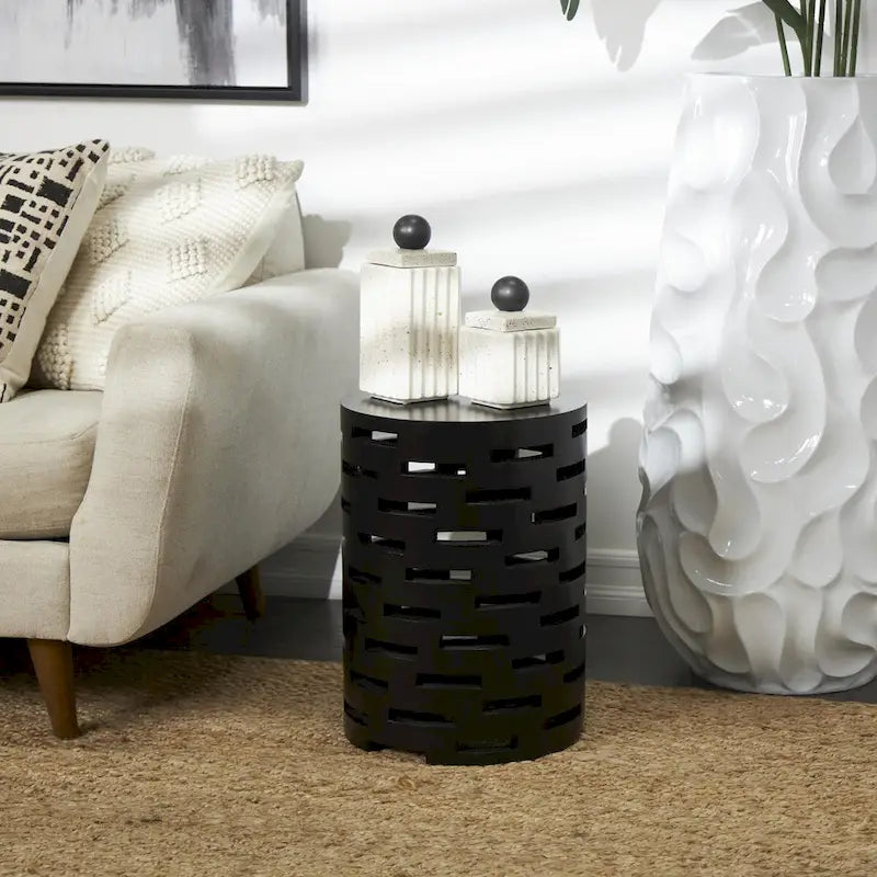 Wood Geometric Brick Inspired Cutout Side End Accent Table - Black - Roche River Decor