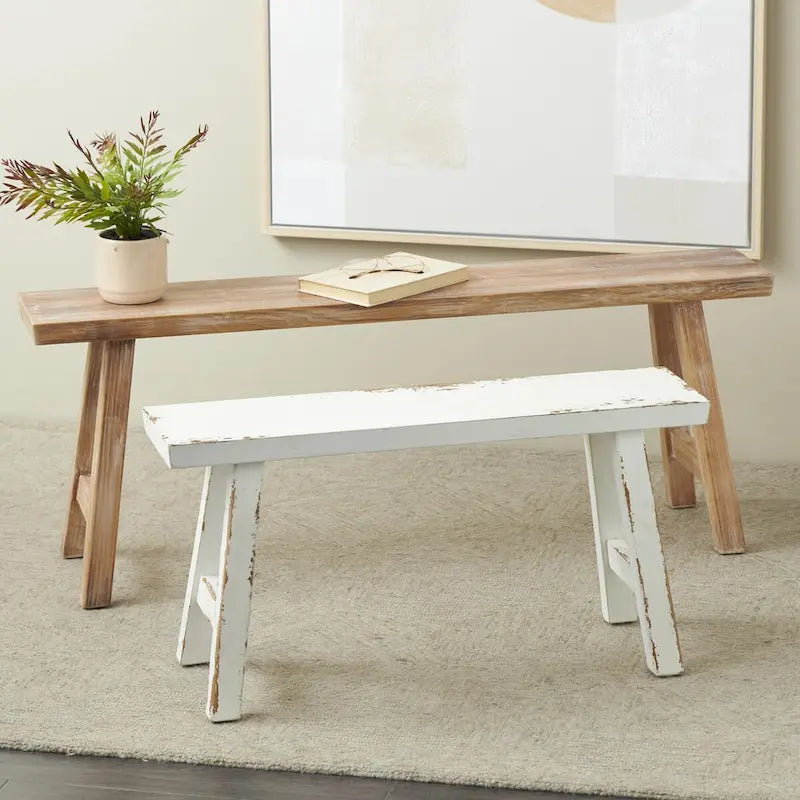 Wood Slim Distressed Home Bench with Smaller White Bench - Set of 2 Brown - Roche River Decor