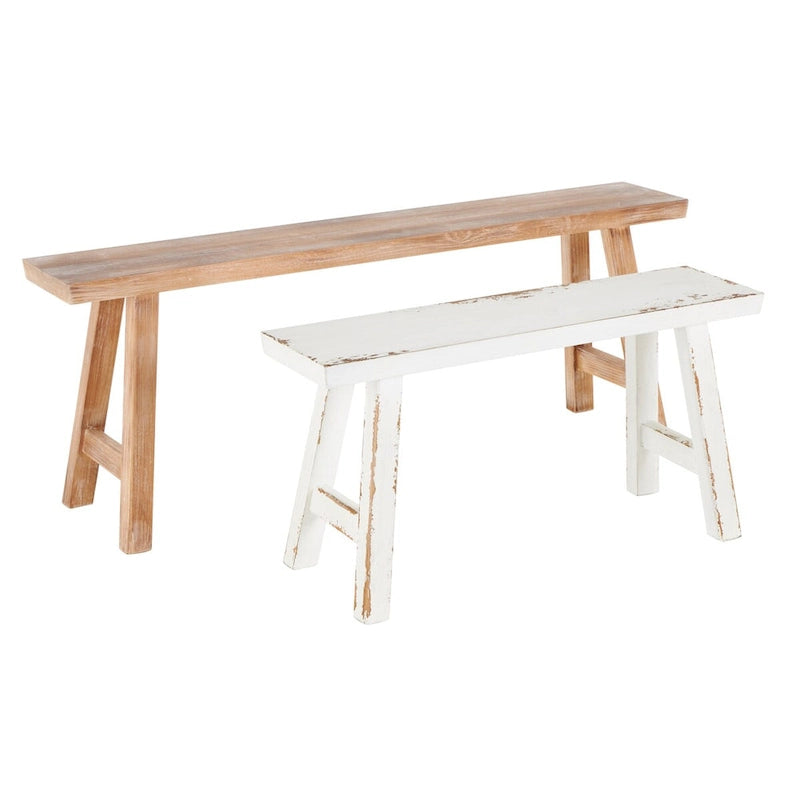 Wood Slim Distressed Home Bench with Smaller White Bench - Set of 2 Brown - Roche River Decor