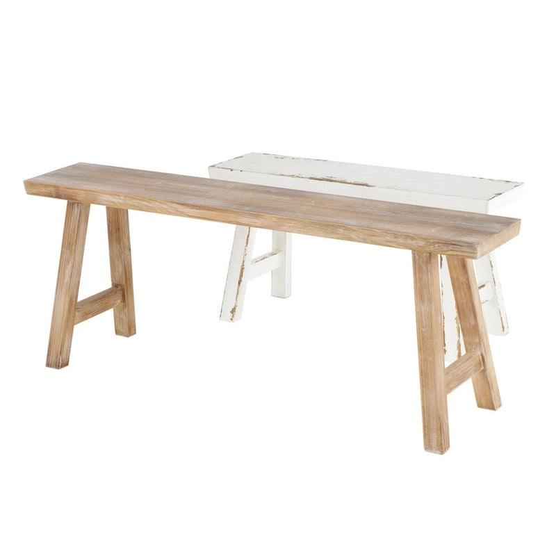 Wood Slim Distressed Home Bench with Smaller White Bench - Set of 2 Brown - Roche River Decor